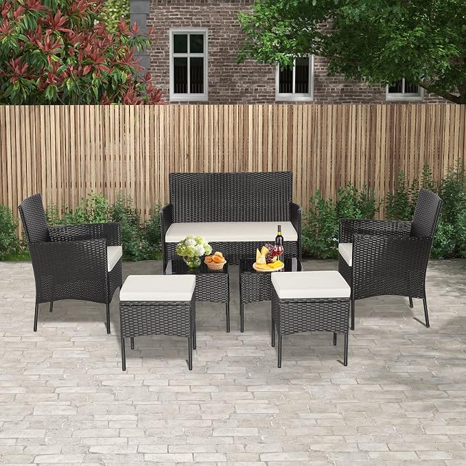Tangkula 7 Piece Patio Rattan Sofa Set, Wicker Furniture Set with 2 Side Tables and 2 Ottomans, Solid Metal Frame, Soft Cushions, Outdoor Wicker Conversation Set for Front Porch, Poolside