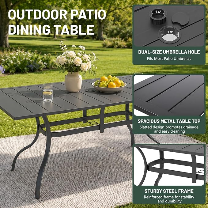 Anmutig Patio Dining Table for 6 Person, Outdoor Metal 63x38 Inch Rectangle Table with 1.57" Umbrella Hole for Garden Lawn Backyard Poolside Parties, Black