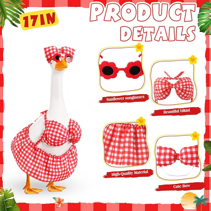 FuWeave Summer Porch Goose Outfit for 17" Red Plaid Goose Costume Clothes for Outdoor Patio Yard Lawn Art Decoration