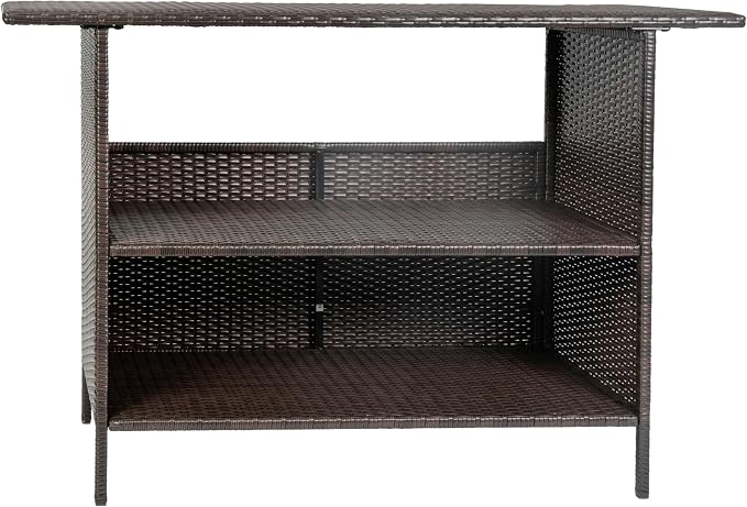 BizChair Indoor/Outdoor Patio Wicker Rattan Bar Counter Table with 2 Shelves, Brown