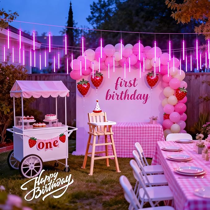 JMEXSUSS Pink Solar Meteor Shower Lights Outdoor, 8 Tube 144 LEDs | Solar Christmas Lights for Tree Eave Holiday Party Patio House Wedding Valentine's Day Decor