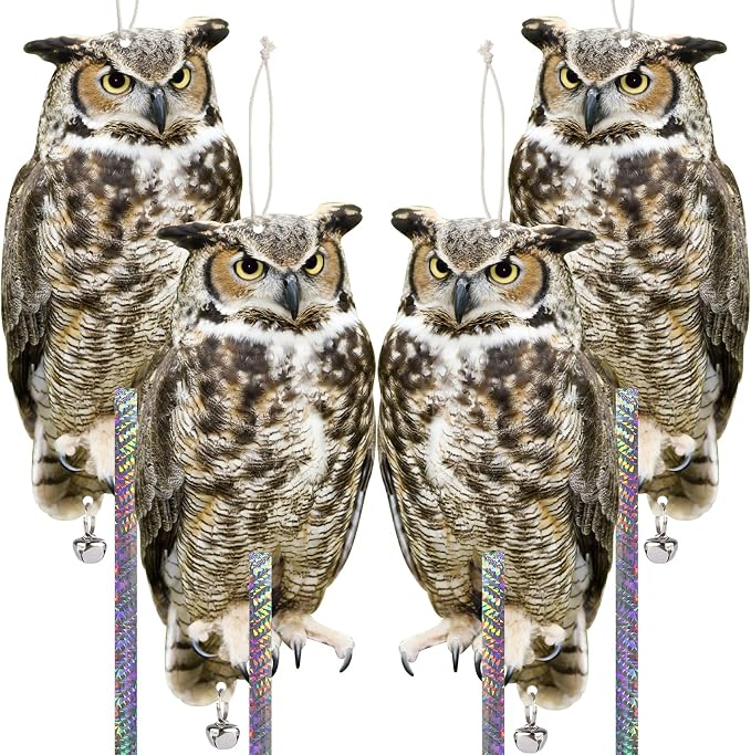 4PCS Fake Owl Plastic Owl to Scare Pigeon for Balcony Hanging Flat Garden Owls with Reflective Tape to Keep Squirrel Woodpecker Away from Outdoor House Window Patio Yard Backyard Front Porch Decor