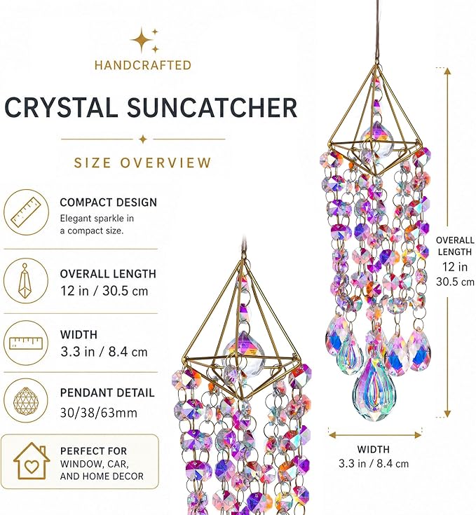 Crystal Suncatcher for Windows Hanging Glass Wind Chimes Whimsical Decor | Hand-plated,Prism Sun Catcher with Crystals,Rainbow Maker for Ceiling Garden Home Indoor Outdoor,Gift For Women