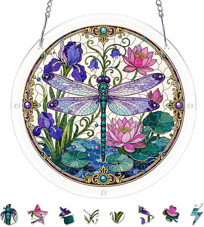 Acrylic Puzzle Suncatcher, Sun Catchers Puzzle for Window Hanging | 8.9 Inch Iris Dragonfly DIY Suncatcher Puzzle for Adults, Ideal Gifts for Women, Men, Wife, Mom, Home & Garden Decor