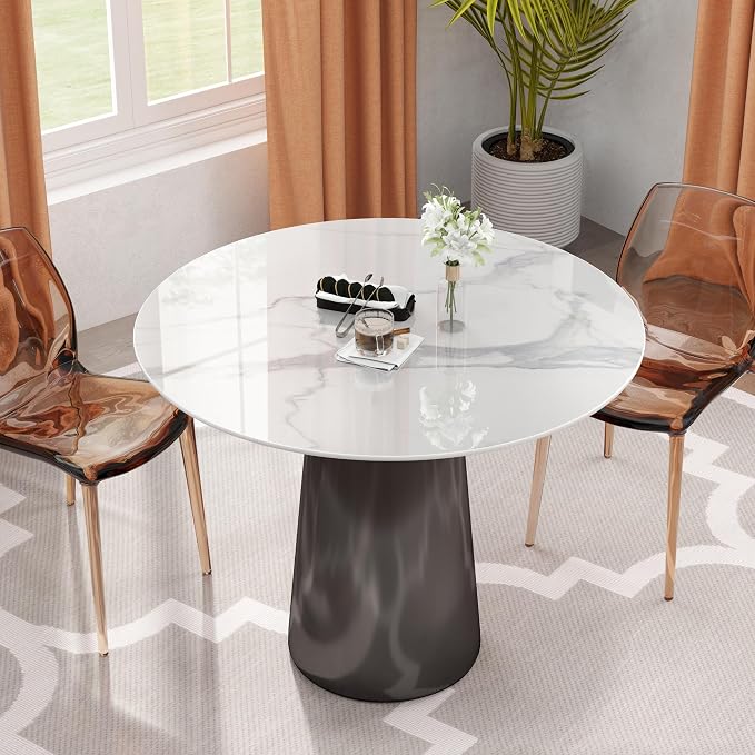 Round Table Top, 35.4” White Sintered Stone Tabletop, DIY Replacement & Cover Marble Desktop, Scratch & Wear Resistant, Easy to Clean, Suitable for Indoor & Outdoor