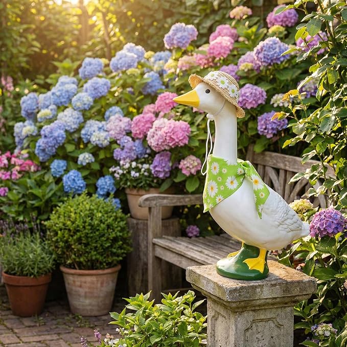Daisy Porch Goose Outfits–2Pcs Cute Spring Goose Costumes for Porch Goose with Daisy Print Bib & Hat, Fit 23 Inch, Spring Summer Goose Decor for Garden Yard Patio
