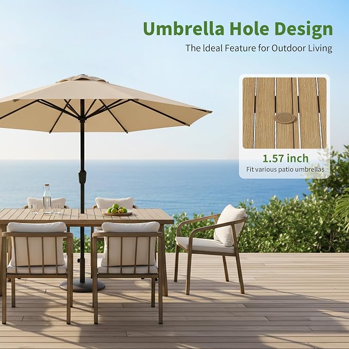 63"x35" Never-Rust Aluminum Outdoor Dining Table – Rectangular Patio Table for 6 with Umbrella Hole, Heavy Duty All-Weather for Poolside, Garden, Backyard, Porch, Deck, Teak