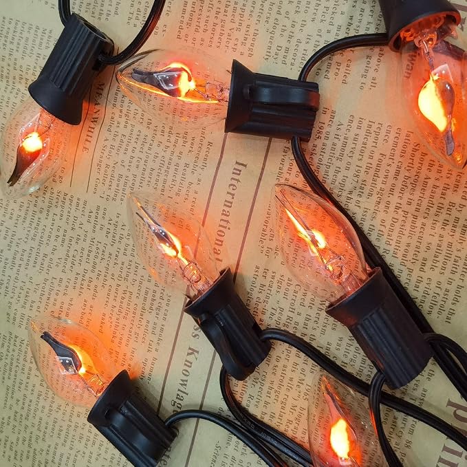 C7 Christmas Flicker Flame String Lights, 25Ft C7 Outdoor Christmas Decorations String Lights with Clear Flicker Flame Bulbs, Hanging Patio Lights for Christmas Halloween Party Garden Porch-Black