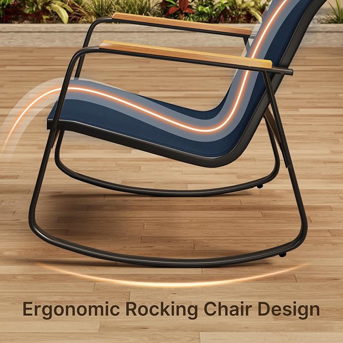 Ahomly 4-Piece Patio Furniture Set, Textilene Outdoor Conversation Set with 2 Rocking Chairs and Tempered Glass Coffee Table, for Lawn, Garden, Balcony, Poolside (Blue)