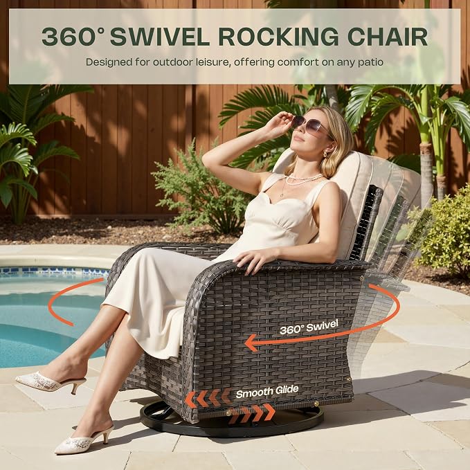 3-Piece Patio Furniture Set, Outdoor Wicker Furniture with Coffee Table, High Back Swivel Rocker Patio Chairs, Modern Rattan Outdoor Chairs Conversation Set for Porch, Balcony, Garden, Beige