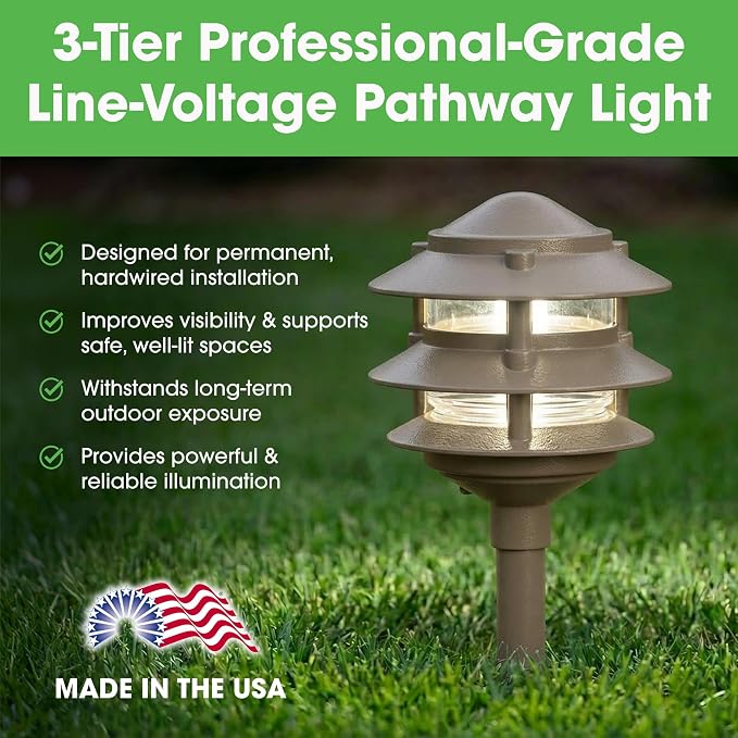 Greenfield Made in the USA Weatherproof Line-Voltage (120V) LED Outdoor Pathway Light – 3-Tier Permanent Outside Light for Walkway, Driveway & Landscaping – Professional Grade – Bronze