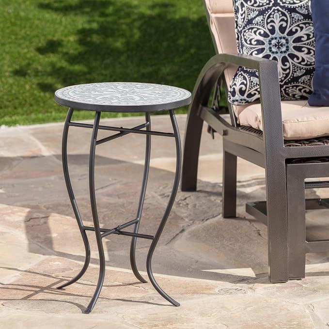 White Embossed Floral Mosaic Round Side Table, Vintage Patio End Table with Curved Black Wrought Iron Legs, Weather Resistant Small Accent Table for Balcony Backyard Porch Living Room