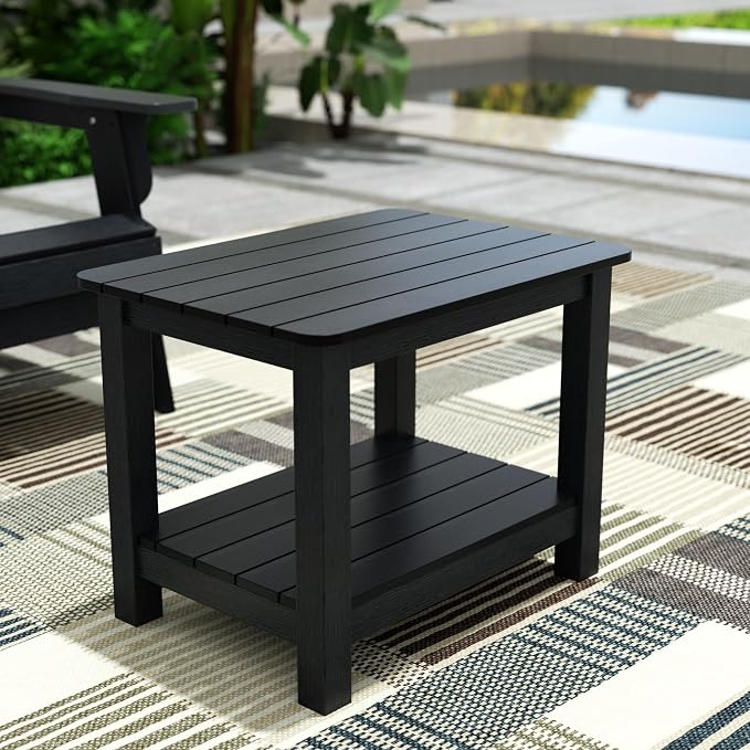 WestinTrends Tuscany Outdoor Side Table, All Weather HIPS 2 Tier Adirondack Small Patio Table with Storage, Black