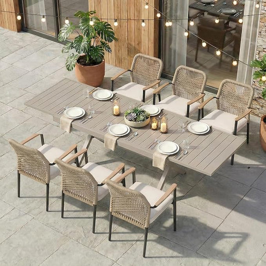SUNSITT 7 Piece Outdoor Patio Dining Set, 65" - 107" Metal Expandable Outdoor Dining Table with X-Shape Legs, 6 Woven Wicker Patio Chairs w/WPC Armrests for Garden, Flaxen