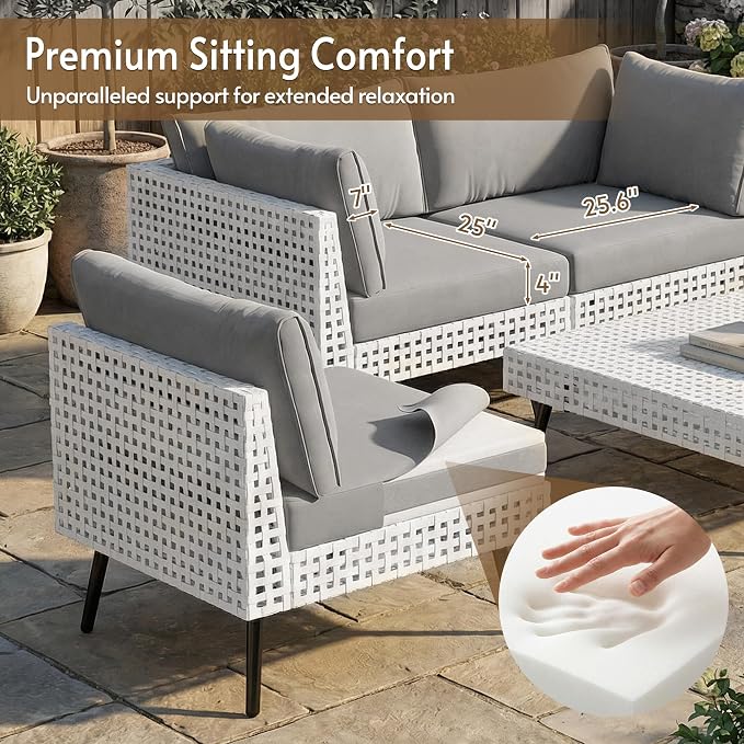 5 Piece Patio Furniture Sets, Modular Patio Sectional Conversation Sets with Upgraded Cationic Fabric Cushions & Outdoor All-Weather Handwoven Open Weave Wicker for Garden, Poolside, Backyard