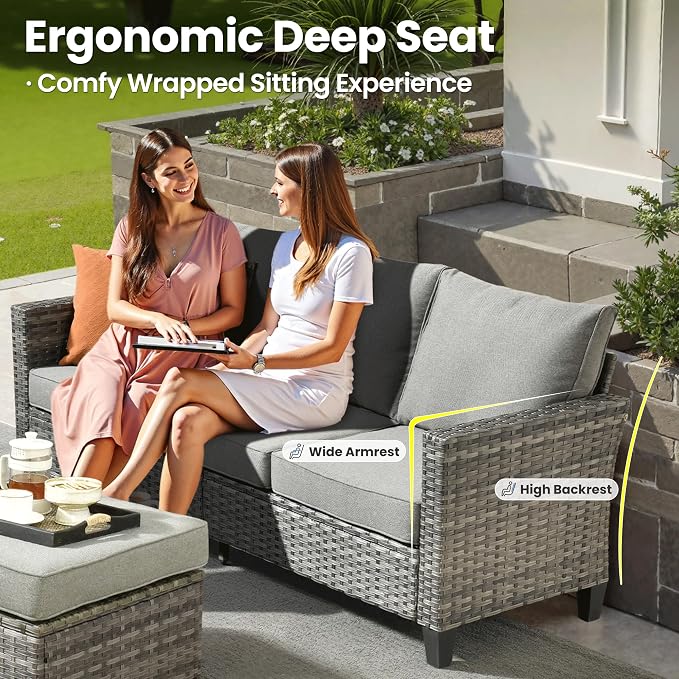 ovios 7 Pieces Patio Furniture Set, Outdoor Wicker Sofa with Rocking Swivel Chairs, Coffee Table, High Back Grey Rattan Conversation Set for Backyard Deck Porch, Dark Grey