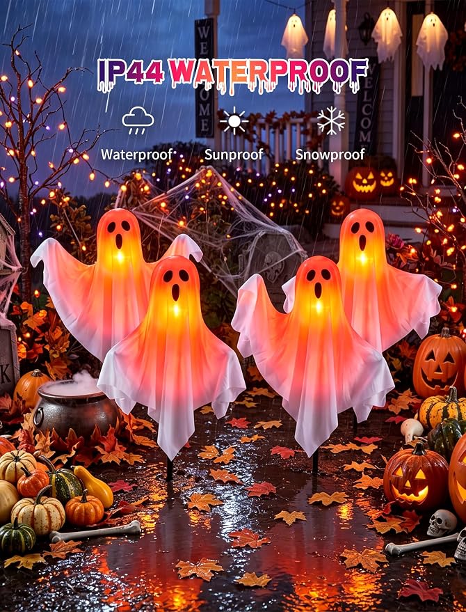 4Pack Halloween Outdoor Pathway Lights, Plug In LED White Ghost Decor Light | 11.5Ft Connectable, Dimmable, Hanging, Indoor and Outdoor for Sidewalk Lawn Garden Porch Balcony Ghost Party Halloween Decor