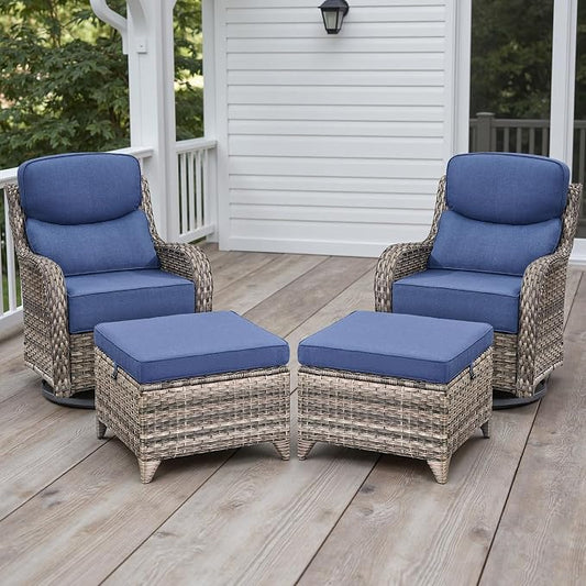 Rilyson Outdoor Patio Furniture Set - Weather Resistant Wicker,High Back,6 inch Cushions,4 Piece Patio Furniture Set with Swivel Rocker Chairs and Ottomans for Deck Porch Yard,Mixed Grey/Blue