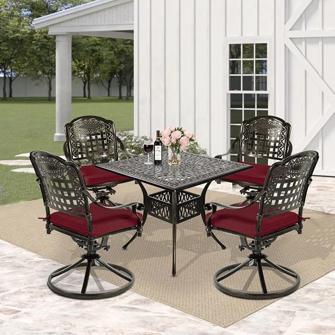 5 Piece Patio Dining Set, Outdoor Table and Chairs Set for 4 Cushioned Swivel Rocking Chairs and 35.4'' Square Table, All-Weather Cast Aluminum Patio Funiture Set, 2.2'' Umbrella Hole, Red