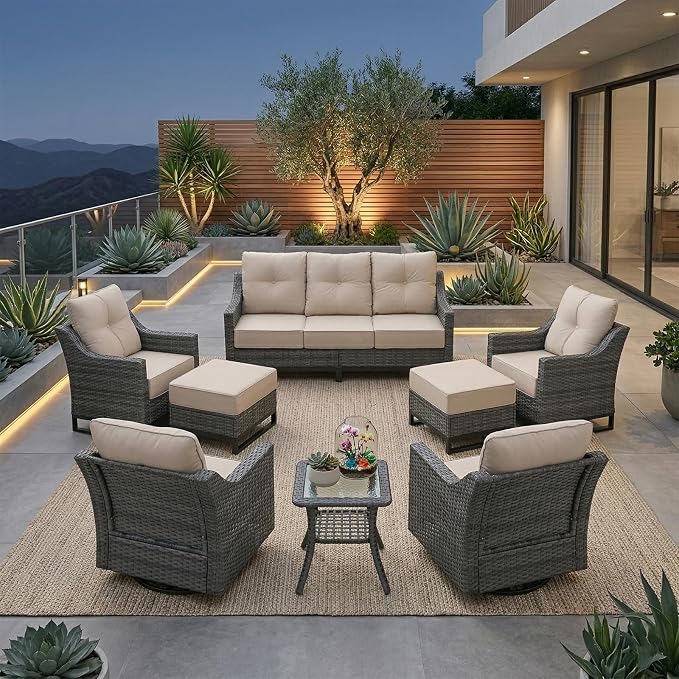 8 Piece Patio Furniture Set, 360°Swivel Glider Patio Chairs Set of 2, Outdoor 2 Wicker Chairs, 2 Ottomans, Sofa ,Side Table All-Weather Wicker Patio Set With 6 Inch Thick Cushions For Balcony Garden