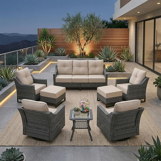 8 Piece Patio Furniture Set, 360°Swivel Glider Patio Chairs Set of 2, Outdoor 2 Wicker Chairs, 2 Ottomans, Sofa ,Side Table All-Weather Wicker Patio Set With 6 Inch Thick Cushions For Balcony Garden