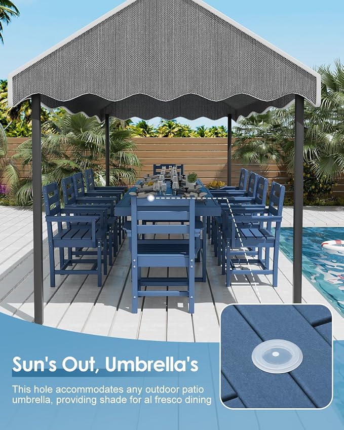 WACASA 12-Piece HDPE Outdoor Dining Set for 10, Weatherproof Poly Lumber Patio Set, Steel-Reinforced Dining Table and Chairs with Umbrella Hole, Blue