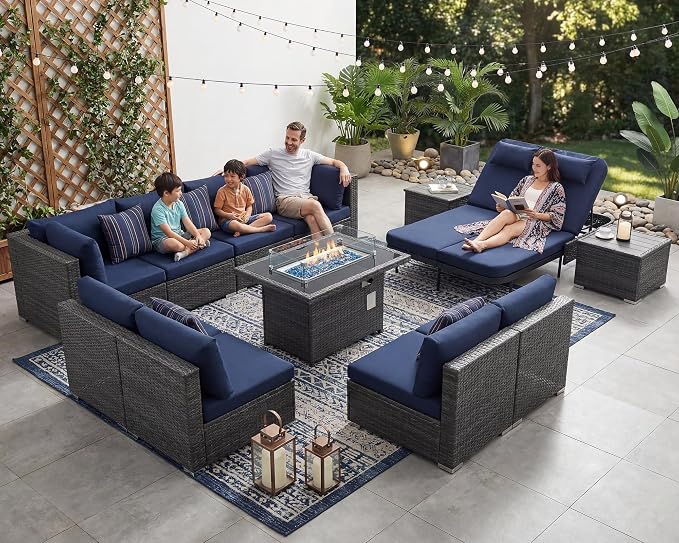NICESOUL 13 Piece Outdoor Sectional w/Fire Pit Table, Luxury Modular Patio Furniture Set w/Chaise Lounge, Plus 29.3'' High-Back Seating Sofa, All-Weather Deck Couch for Poolside, Yard, Grey & Blue
