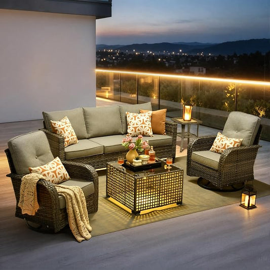 CAODOC Patio Furniture, All Weather Wicker 6 PCS Outdoor Sofa with High Back Swivel Rocker Chairs, Conversation Set with Solar Light Coffee Table,Light Rattan Dark Gray Cushion