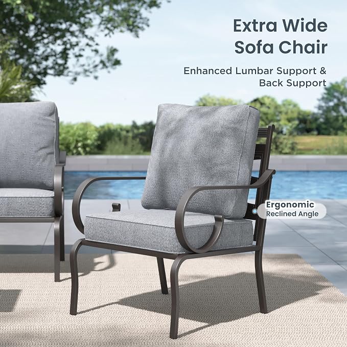 PHI VILLA Patio Furniture Set, 3-Seater Sofa, 2 Fixed Chairs and a 45" Fire Pit Table, Outdoor Metal Conversation Set with 5.75" Extra Thick Cushion for Garden Backyard Deck, Grey