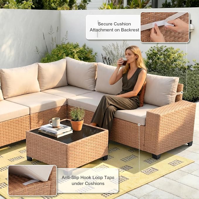 SUNSITT 8-Piece Patio Furniture Set, Outdoor Wicker Modular Sectional Sofa with 7.7-inch Wide Armrests & Thick Comfy Cushions, Glass Top Coffee Table, Rattan Conversation Set, Natural Color