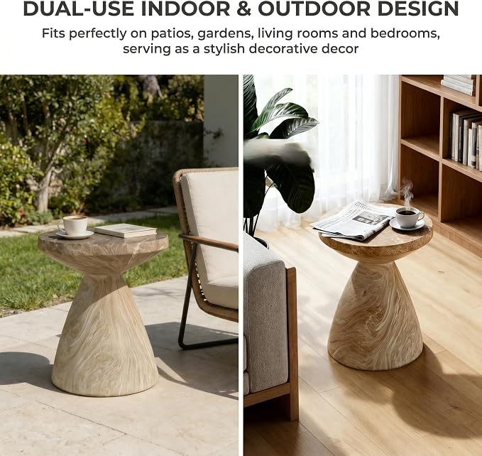 18 x 21 Inch Sculptural Round Outdoor Side Table for Patio, Weather-Resistant Faux Terrazzo Garden Stool, Modern Patio Accent Table for Indoor and Outdoor Use, Drum End Tables, Marble Color
