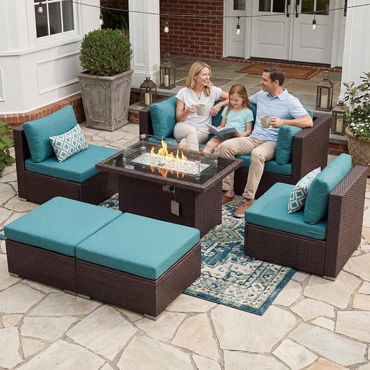 BULEXYARD 7 Pcs High Back Patio Furniture Set with Fire Pit Table Propane/Natural Gas Dual Fuel, Heavy Duty Outdoor Sectional Couch, XL Comfy Backyard Seating for Exterior, Brown Wicker & Teal Cushion