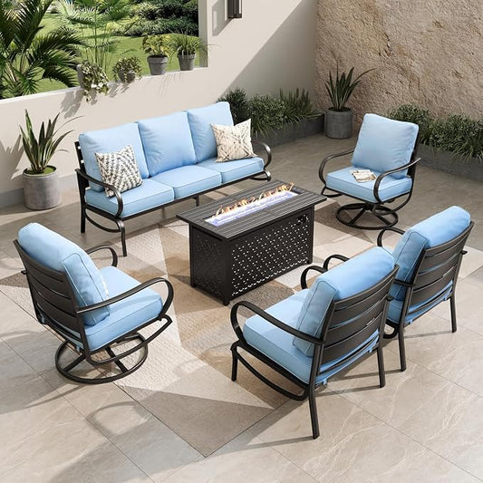 PHI VILLA Patio Furniture Set with Fire Pit Table, 1 3-Seat Patio Sofa, 2 Swivel Chair, 2 Leg Chair, 1 Fire Pit Table, 5.75" Thick Cushioned Outdoor Conversation Set for Deck Backyard Lawn, Light Blue
