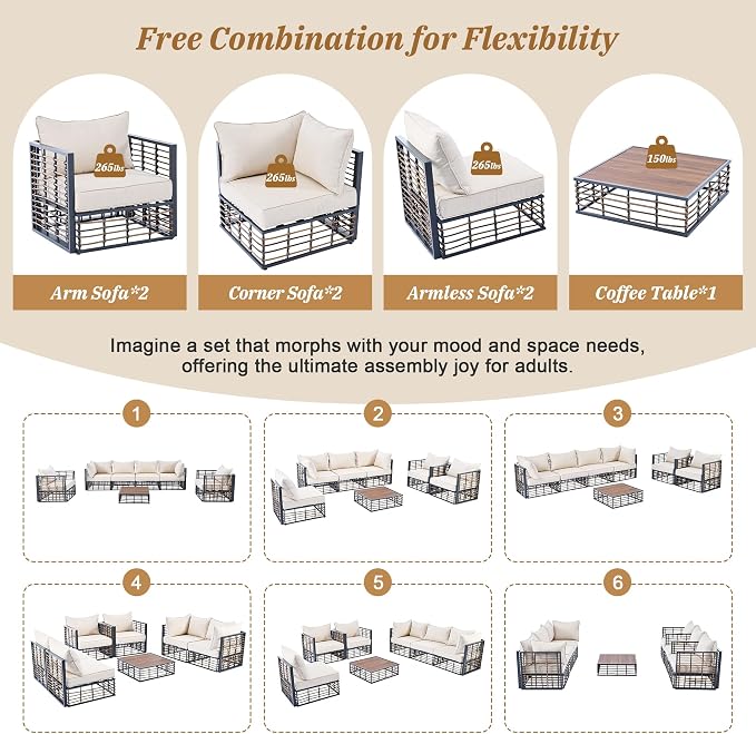 7-Piece Metal Patio Sectional Sofa Set, Free Combination Sofa Set with Coffee Table, All-Weather Garden Conversational Furniture Set with Thick Cushions and 8 Pillows (Dark Gray Frame+Beige Cushion)