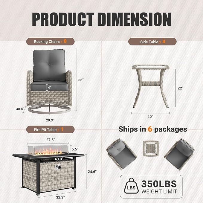 13Pcs Patio Rocking Swivel Chair with 55,000 BTU Fire Pit Table Outdoor Wicker Rattan Bistro Set with Tempered Glass Side Table, Outdoor Patio Furniture Set for Garden and Balcony, Grey