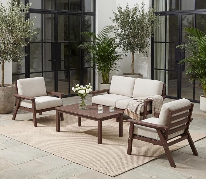 HDPE 5 Piece Patio Furniture Set, Outdoor Couch with Washable Thick Beige Cushions & Coffee Table, Outdoor Sectional Furniture for Backyard, Deck, Lawn, Porch (Brown Frame)