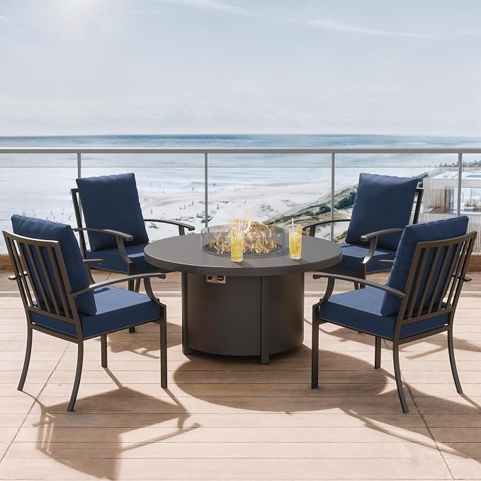 ALAULM 5-Piece Outdoor Dining Set for 4 Metal Outdoor Patio Furniture with 40000 BTU Round Fire Pit Table for Patio, Backyard, Garden-DarkBlue