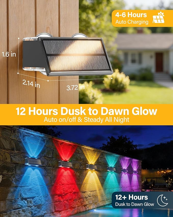 Solar Fence Lights Outdoor, 2 Pack Fence Solar Lights Waterproof | IP65 Fence Lights Solar Powered Up & Down LED Focus, 9 Color Modes, 12H Dusk to Dawn Glow for Patio/Backyard - Matte Black