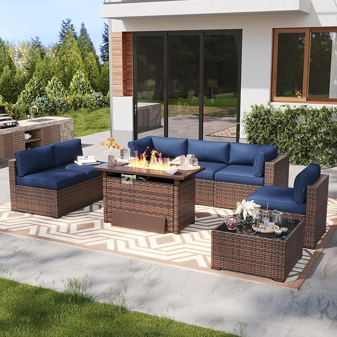 LazySunsets 8 Piece Outdoor Patio Furniture Set with 44'' Fire Pit Table, Outdoor Patio Furniture Set with 4'' Thicken Cushion, Wicker Rattan Outdoor Conversation Set for Backyard & Garden, Blue