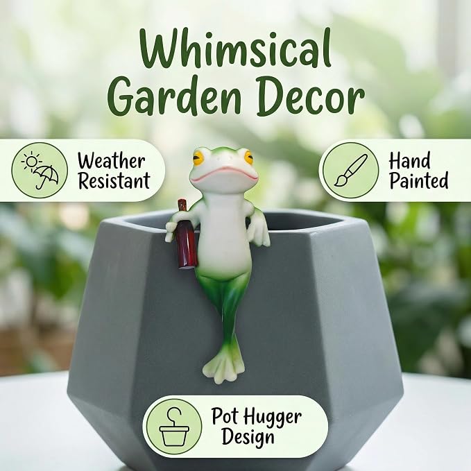 Tipsy Frog Pot Hugger - Miniature Frog Figurines for Plant Pots, Resin Frog Garden Decor Outdoor Statue, Frog Planter Hugger Gift for Nature Lovers（Stand Up）