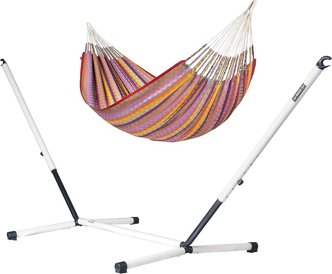 LA SIESTA® Flora Classic Cotton Hammock & Steel Stand - Indoor Outdoor Hammock with Stand - Portable Hammock Stand for Outside, Patio Hammock with Stand - Max 440 Lbs, Extra Large King, Flowers