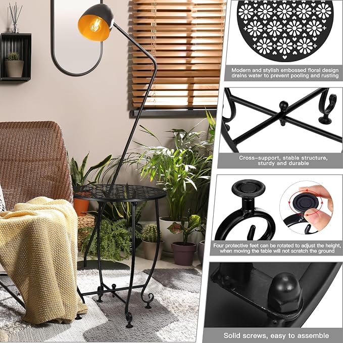 Small Outdoor Side Tables - 14 Inch Metal Patio Side Table, Anti-Rust Waterproof Outdoor Round End Table for Patio Porch Garden Yard Balcony, Black (Style E)