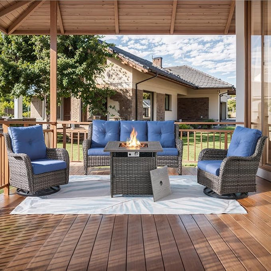 HUMMUH Patio Furniture with Fire Pit 4-Piece Wicker Outdoor Sectional Couch with Swivel Rocking Chairs, Propane Fire Pit Conversation Set for Garden, Backyard, Deck