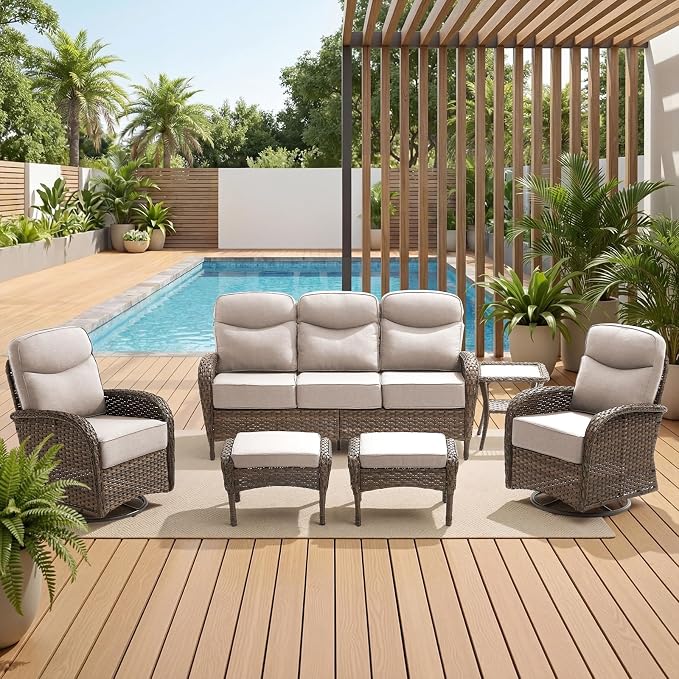 High Back Luxury Patio Furniture Set with 6-inch Thick Cushion, Swivel Rocker Patio Chairs with Outdoor Couch, 6 Piece Wicker Conversation Set for Deck Yard Garden Balcony Beige Cushion