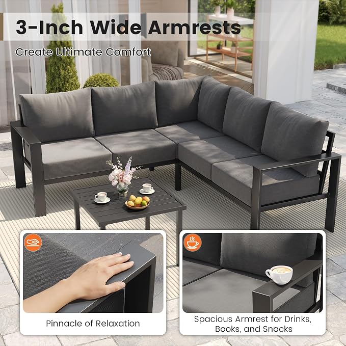 UDPATIO 6 Piece Patio Furniture Set, Metal Outdoor Sectional Sofa with 6" Thick Olefin Cushions, Wide Armrest & Coffee Table, L Shaped Outdoor Furniture for Garden, Backyard Dark Grey