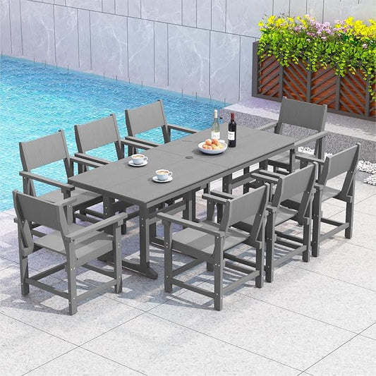 9-Piece HDPE Outdoor Patio Dining Set,Outdoor Table and Chairs,Modern Plastic Dining Sets with Umbrella Hole Cut-Out Table and 8 Chairs Gray