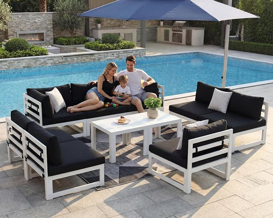 NICESOUL 10 Piece Modern Aluminum Patio Furniture Set, 500 lbs Heavy Duty Durable Outdoor Sectional Sofa, 29" Deep Wide Oversized Seating, L Shaped Comfortable Conversation Couch for Yard Deck, Black
