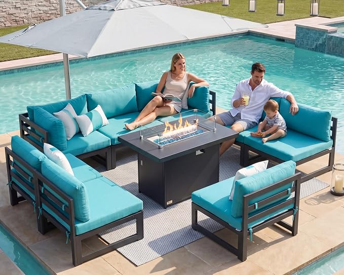 RADIATA 8 Person Modern Aluminum Outdoor Patio Furniture Set with Fireplace, 29 inch Wide Deep Seating, Fade Resistant L-Shaped Sectional Couch, Plus Size Conversation Set for Backyard Terrace, Teal