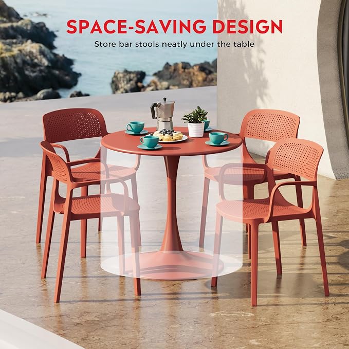 Costaelm Round Outdoor Dining Table, Patio Side Table, Weather Resistant PP Backyard Table for Poolside Deck Porch Lawn Garden, Red