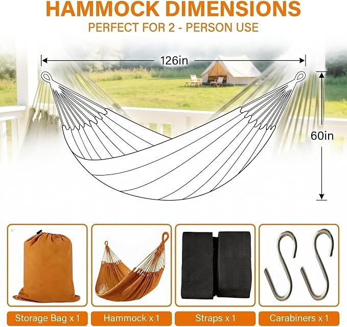 Mayan Style Handwoven Hammock with Carry Bag, 2 Person Cotton Nylon Rope Hammock, 500 lb Capacity for Camping, Backyard, Patio, Porch, Indoor Outdoor Use